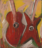 Helmut Middendorf Gitarren (Rot-ocker), 1978 Dispersion on muslin 138 x 120 cm, Galerie Koroneou